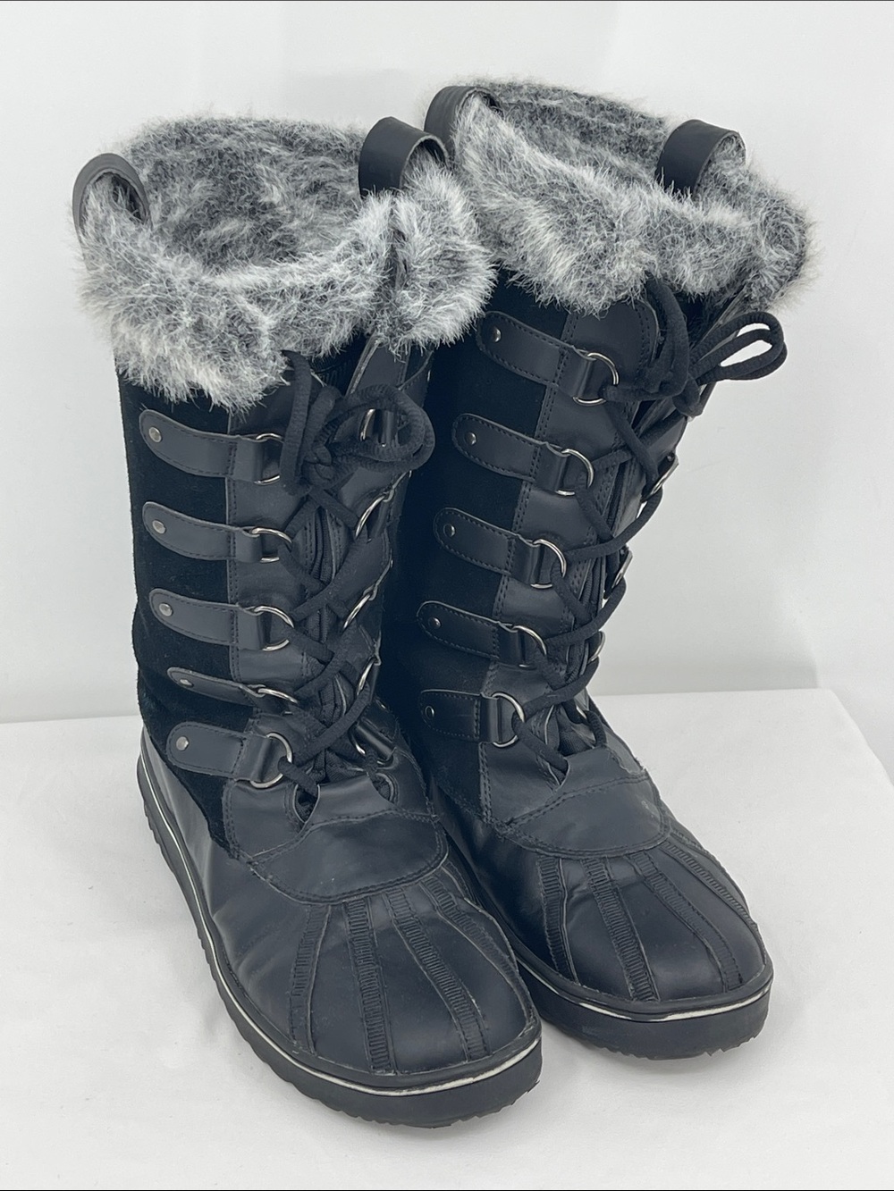KHOMBU SIZE 11 Women's Black Faux-Fur Lace-Up Winter Boots with Grey Trim